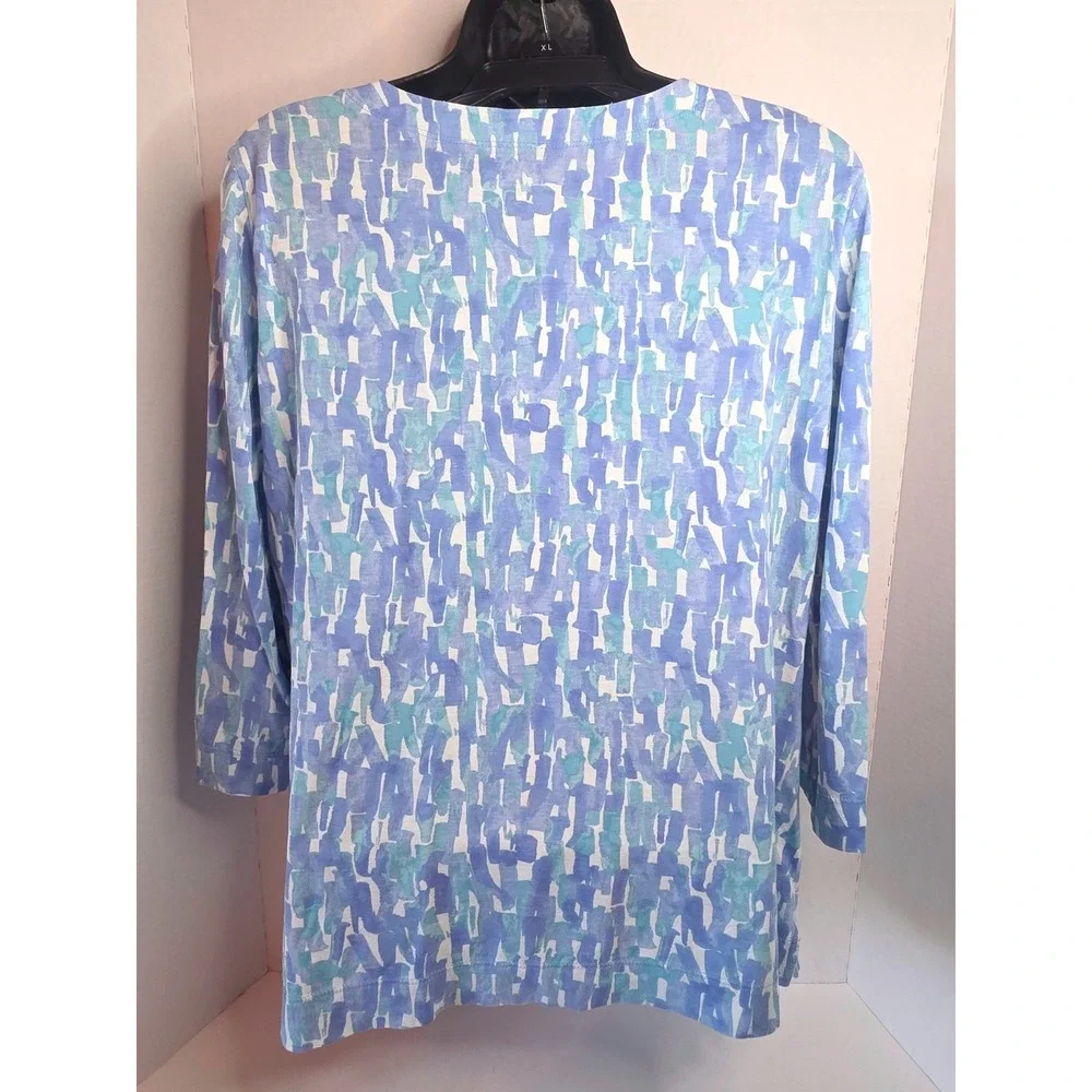 J. Jill Blue Watercolor Print Pima Cotton Cardigan V-Neck 3/4 Sleeve Top Medium